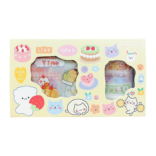 Kit de 9 Cartelas de Adesivos + 5 Deco Tapes Animais Fofos Amarelo Gato