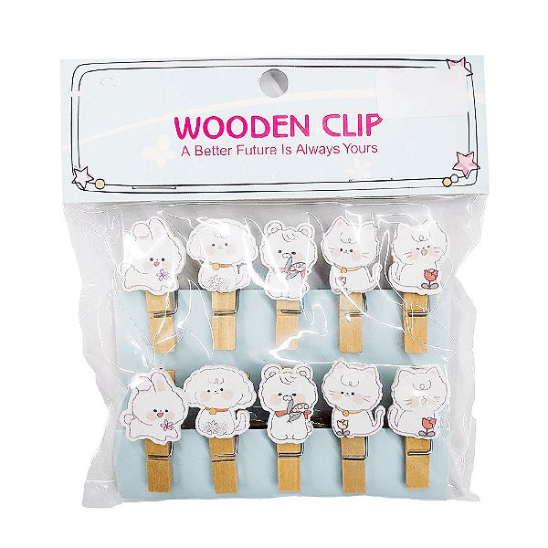 Prendedor de Madeira Animais Fofos Com Cordão Wooden Clip