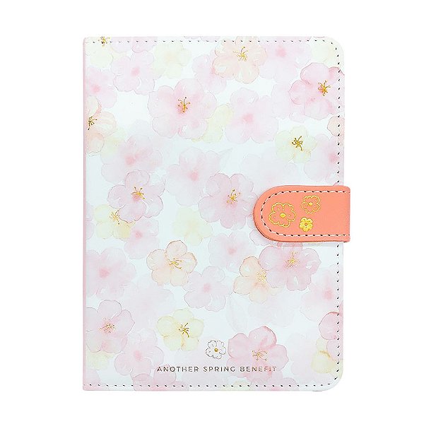 Caderno Brochura Com Folhas Ilustradas e Fecho Magnético Soft Touch Flores Rosa