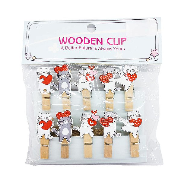 Prendedor de Madeira Gato Coração Com Cordão Wooden Clip