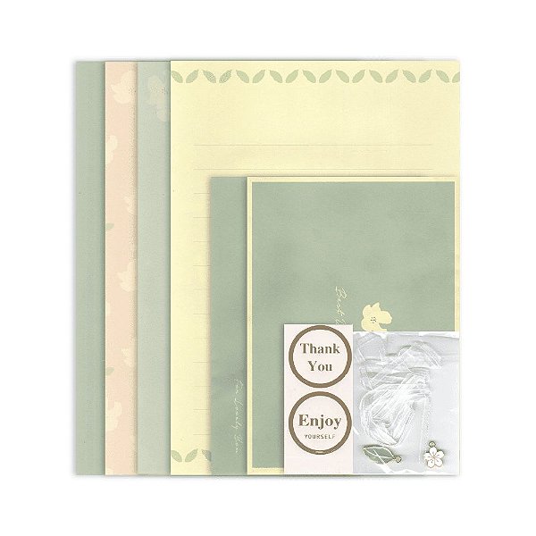 Kit Com 4 Papéis de Carta + 2 Envelopes + Acessórios Verde Flor