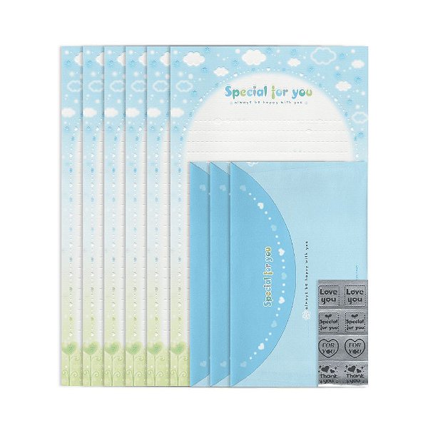 Kit Com 6 Papéis de Carta + 3 Envelopes + Adesivos Azul