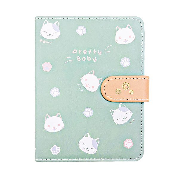 Caderno Brochura Com Folhas Ilustradas e Fecho Magnético Soft Touch Gatinhos Pretty Baby Verde Pequeno