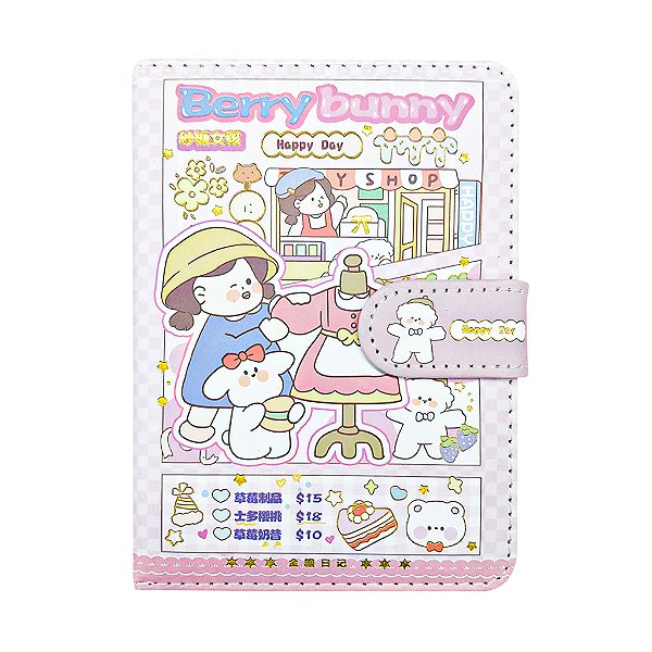 Caderno Brochura Com Folhas Ilustradas e Fecho Magnético Soft Touch Berry Bunny Rosa Pequeno