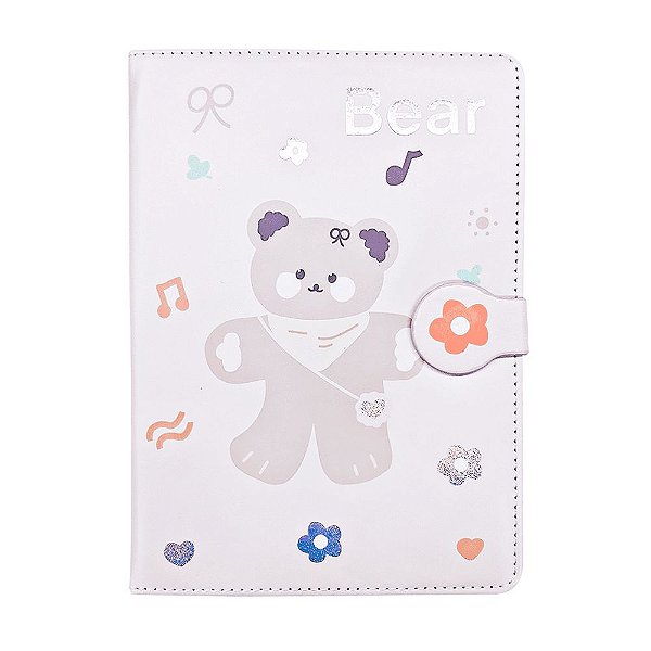 Caderno Brochura Com Folhas Ilustradas e Fecho Magnético Soft Touch Ursinho Flor