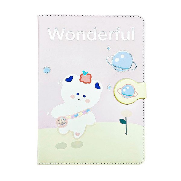Caderno Brochura Com Folhas Ilustradas e Fecho Magnético Soft Touch Ursinho Saturno