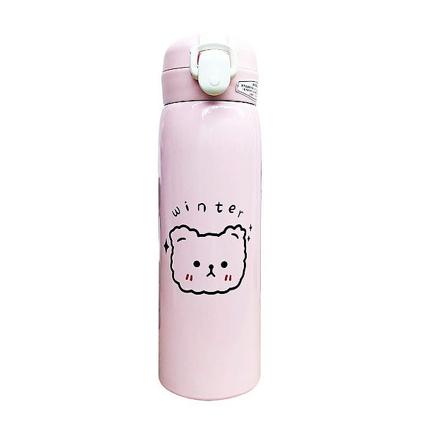 Garrafa Térmica Com Canudo 500ml Com Botão e Trava Rosa Cachorro