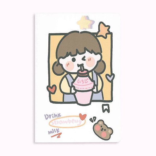 Caderno Brochura Pautado A5 Drink Strawberry Milk Branco