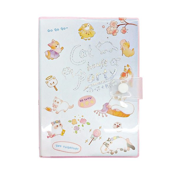 Caderno Com Folhas Ilustradas Capa Removível de Plástico Com Botão Cat House Party Pirulito