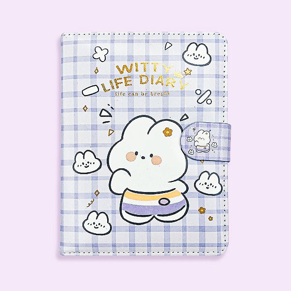 Caderno Brochura Com Folhas Ilustradas e Fecho Magnético Soft Touch Witty Life Diary Coelho Lilás