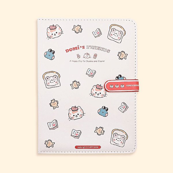 Caderno Brochura Com Folhas Ilustradas e Fecho Magnético Soft Touch Domi's Friends Bege