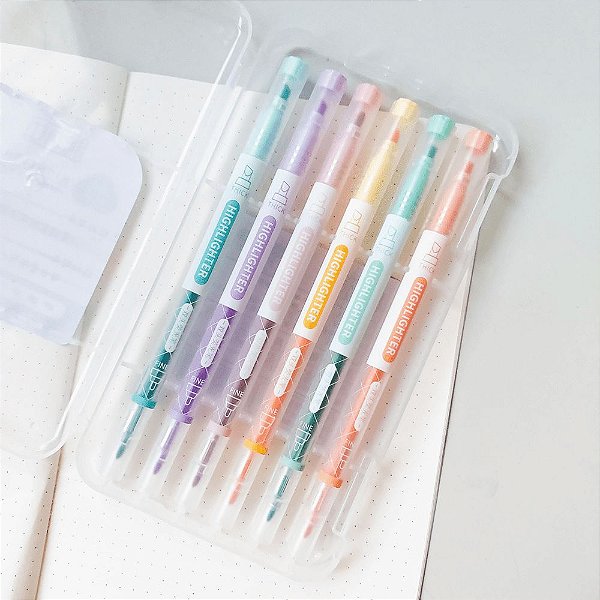 Kit Com 6 Marca Textos Ponta Dupla Tons Pastel Highlighter Com Case