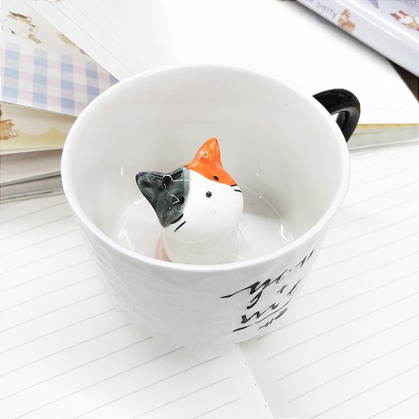 Caneca de Cerâmica Com Gato Dentro Laranja e Preto