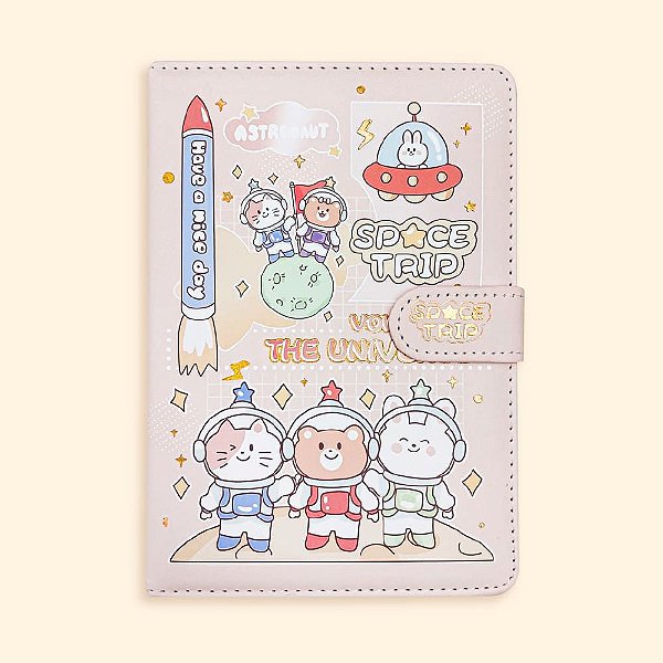 Caderno Brochura Com Folhas Ilustradas e Fecho Magnético Soft Touch Space Trip Salmão
