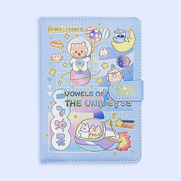 Caderno Brochura Com Folhas Ilustradas e Fecho Magnético Soft Touch Space Trip Azul