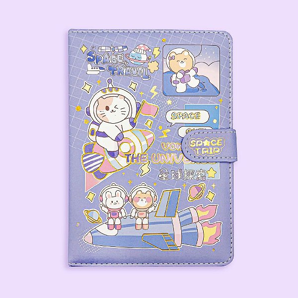 Caderno Brochura Com Folhas Ilustradas e Fecho Magnético Soft Touch Space Trip Roxo