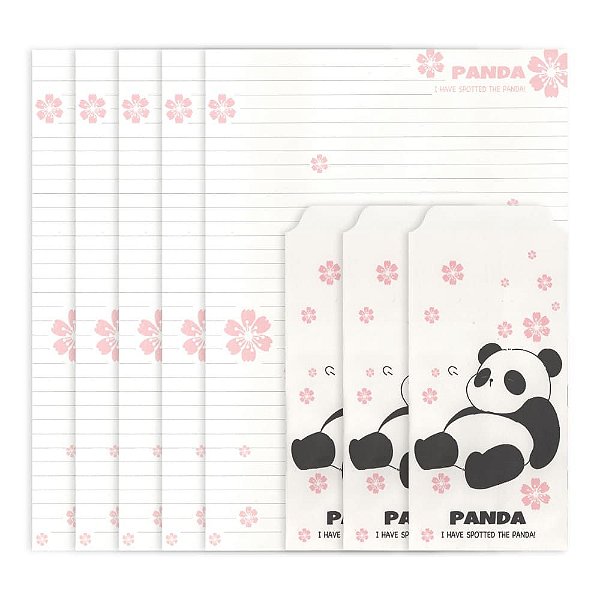 Kit Com 5 Papéis de Carta + 3 Envelopes Panda Rosa