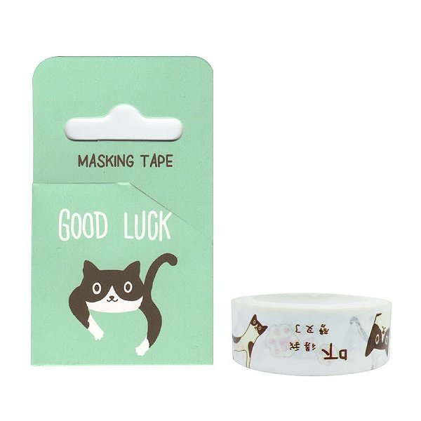 Fita Decorativa Washi Tape Good Luck Gato Verde