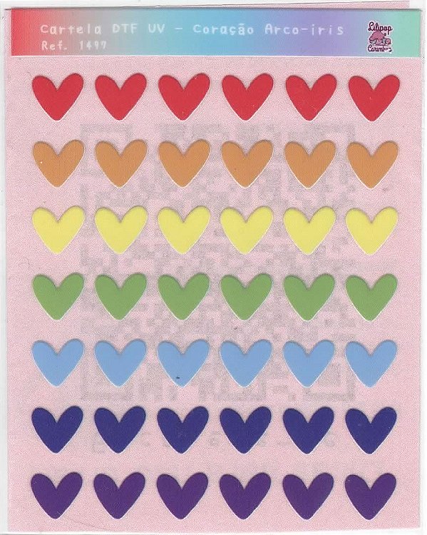 Cartela de Adesivo DTF UV Coração Arco-Íris - Lilipop