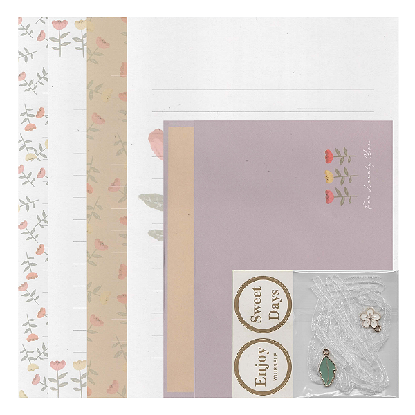 Kit Com 4 Papéis de Carta + 2 Envelopes + Acessórios Roxo Flores