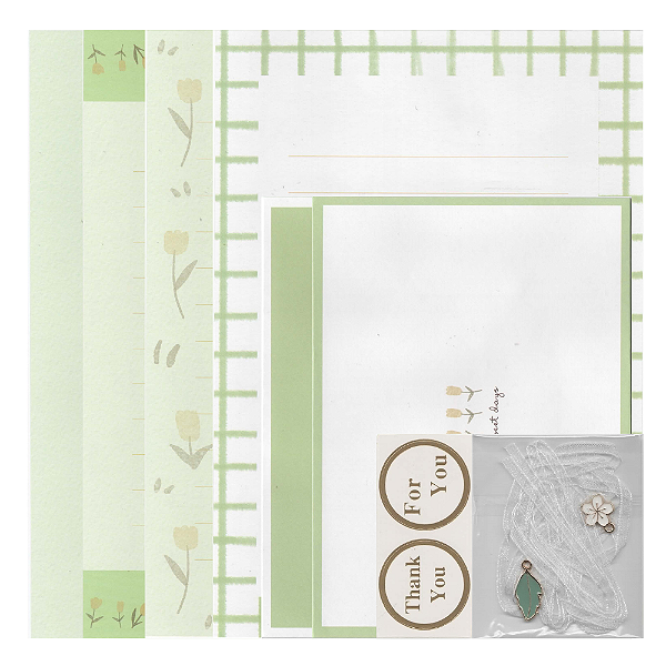 Kit Com 4 Papéis de Carta + 2 Envelopes + Acessórios Verde Tulipa