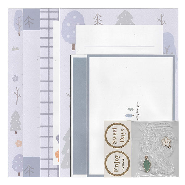 Kit Com 4 Papéis de Carta + 2 Envelopes + Acessórios Azul Árvores