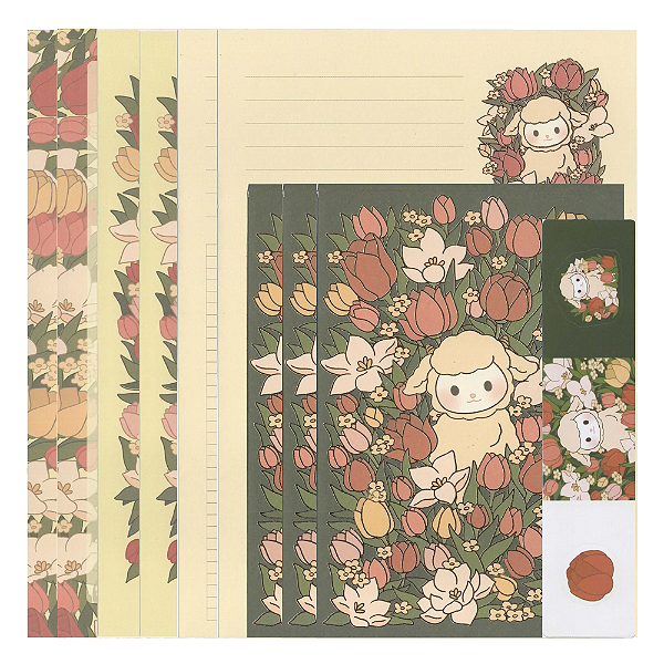 Kit Com 6 Papéis de Carta + 3 Envelopes + 3 adesivos Ovelhinha no Jardim