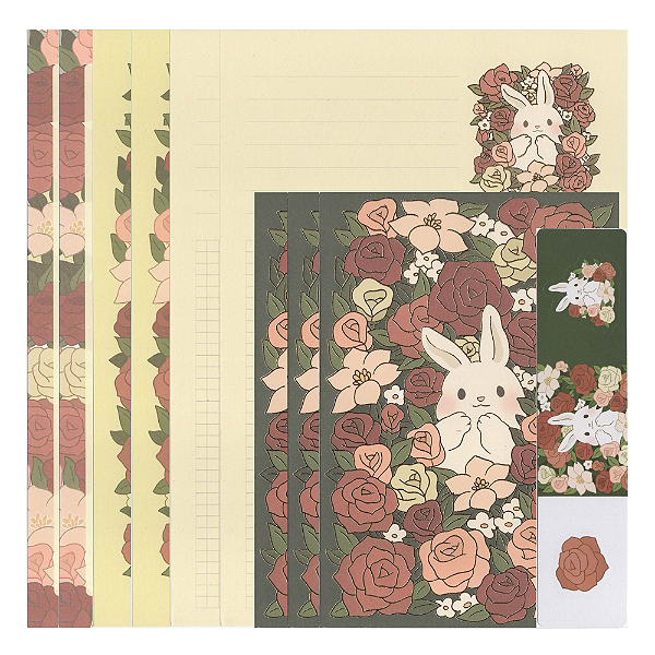 Kit Com 6 Papéis de Carta + 3 Envelopes + 3 adesivos Coelhinho no Jardim