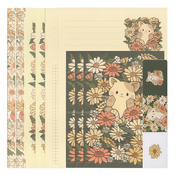 Kit Com 6 Papéis de Carta + 3 Envelopes + 3 adesivos Gatinho no Jardim