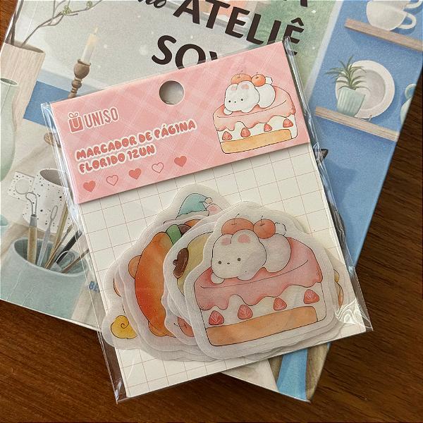 Kit de 12 Marca Páginas Floridos Animais e Comidinhas