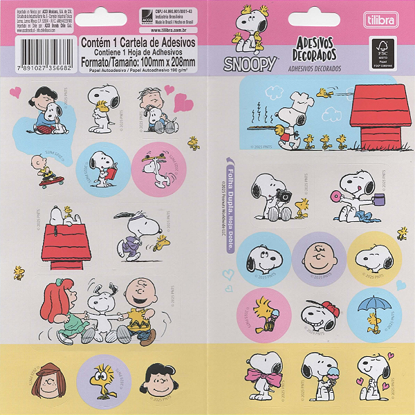 Cartela Pequena de Adesivos Decorativos Snoopy Tilibra