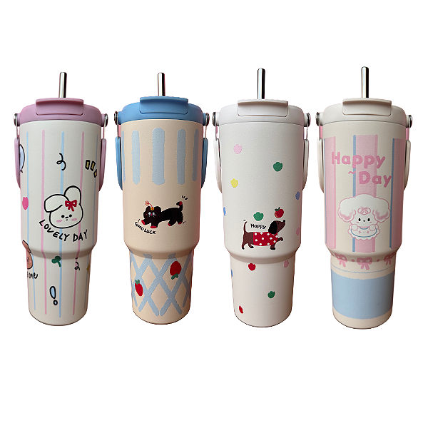 Garrafa Térmica Grande 900ml com Alça e Canudo Happy Puppy