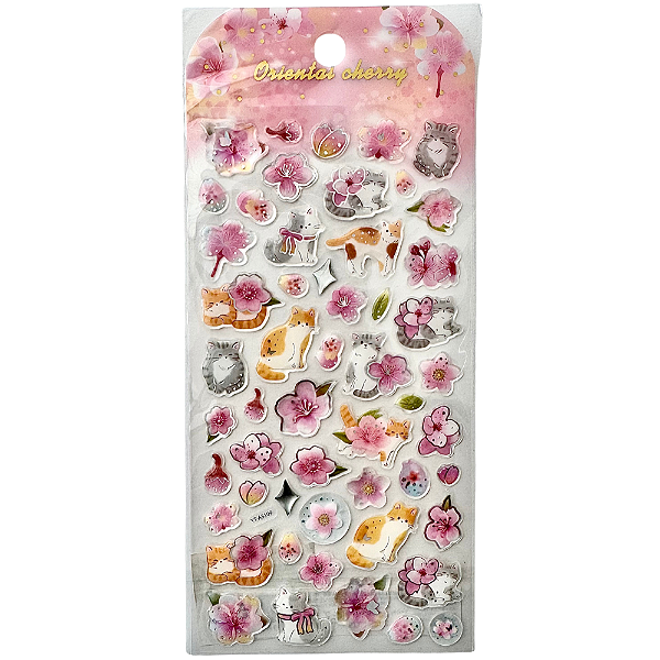Adesivo Decorativo Alto-relevo Epoxy Gatos e Cerejeira Oriental Cherry