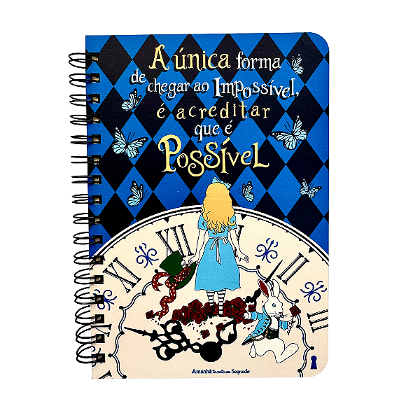 Caderno Espiral Pautado com Capa de Madeira Alice no País das Maravilhas Relógio
