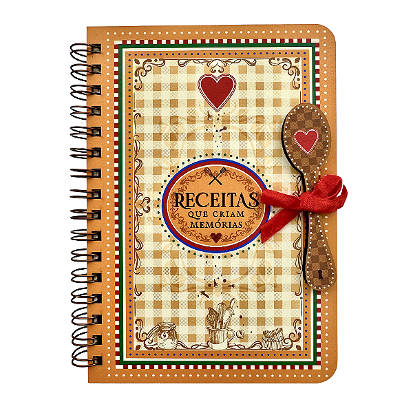 Caderno de Receitas Espiral Pautado Receitas que Cria Memórias com Capa de Madeira