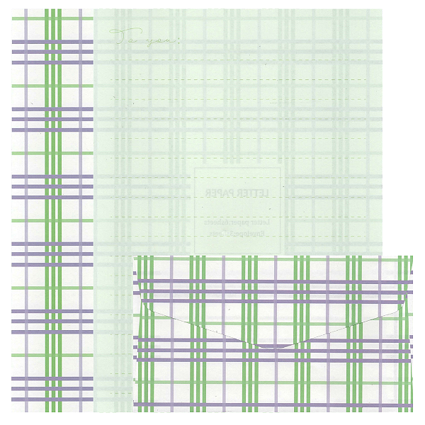 Kit Com 6 Papéis de Carta +3 Envelopes - Xadrez Verde e Roxo