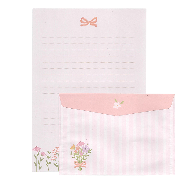 Kit Com 4 Papéis de Carta + 4 Envelopes Flores e Laço - Cartões Gigantes