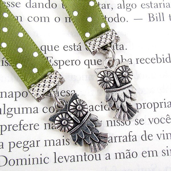 Marca Páginas Fita Pingente Coruja Metal Poá Verde