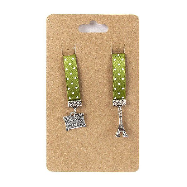 Marca Páginas Fita Pingente Torre Eiffel Mala Verde Poá