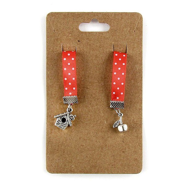 Marca Páginas Fita Pingente Casinha Maça Vermelho Poá