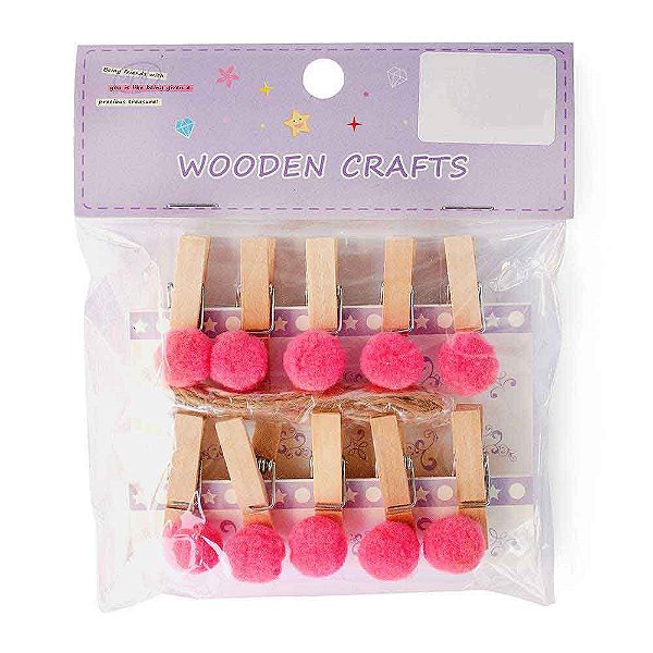 Prendedor de Madeira com Pompom Com Cordão Wooden Crafts Rosa Pink