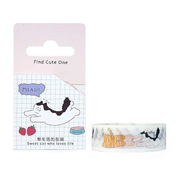 Fita Decorativa Washi Tape - Gatos Deitados Branco