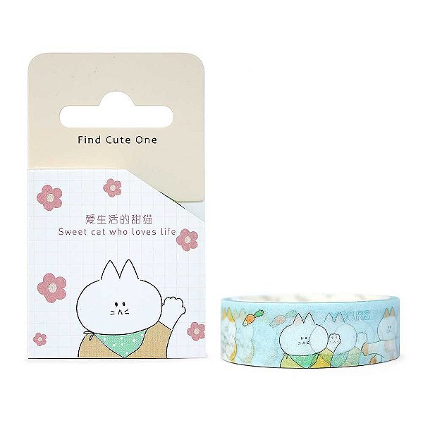 Fita Decorativa Washi Tape - Gatos Cenouras Azul