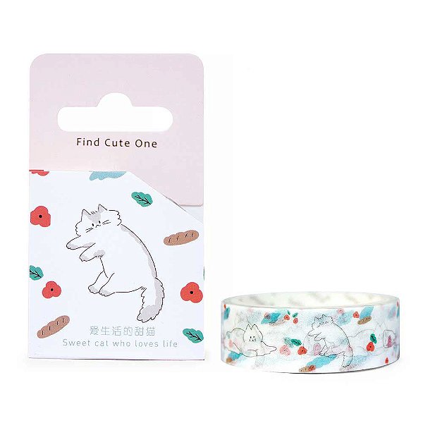 Fita Decorativa Washi Tape - Gatos Floral Branco