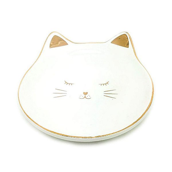Porta Anéis de Cerâmica Gato Branco e Dourado Mini Prato 1