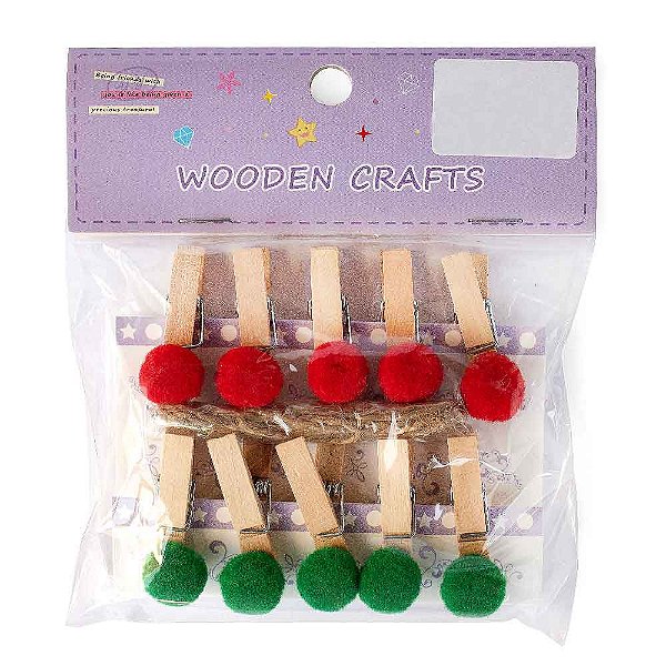 Prendedor de Madeira com Pompom Com Cordão Wooden Crafts Vermelho e Verde