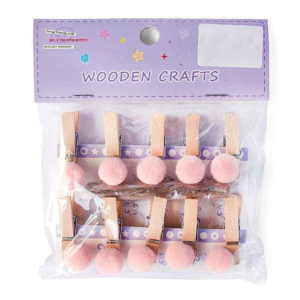 Prendedor de Madeira com Pompom Com Cordão Wooden Crafts Rosa Claro
