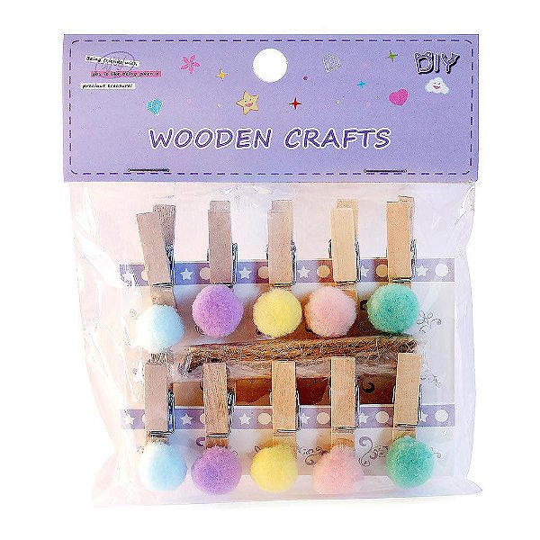 Prendedor de Madeira com Pompom Com Cordão Wooden Crafts Colorido Tons Pastel