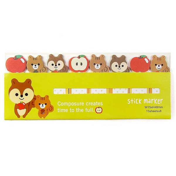 Marcador de Páginas Adesivo Stick Marker Esquilos e Maçãs Verde