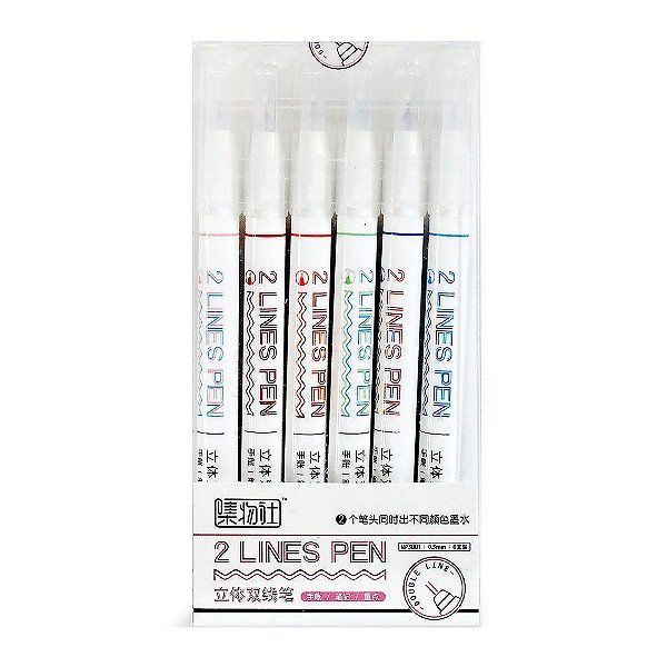 Kit de 6 Canetas Ponta Dupla 2 Lines Pen